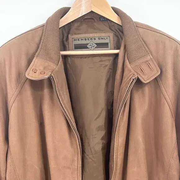Classic Leather Aviator Bomber Jacket Soft Cowhide Members Only Brown Mens Large